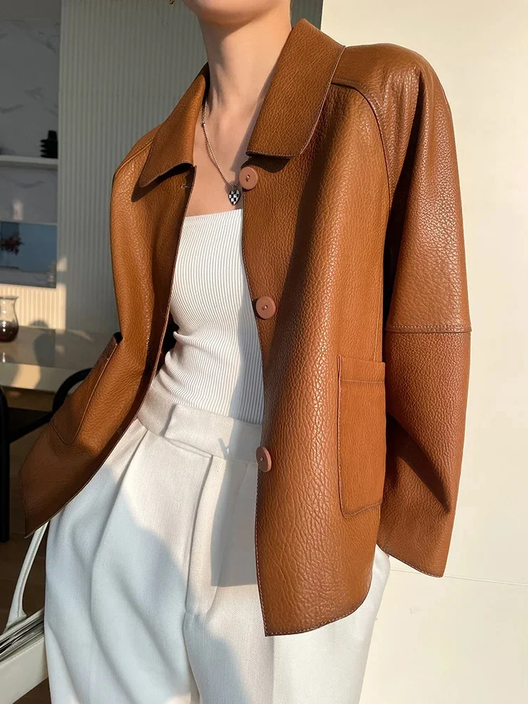 Sheepskin Real Coat Women Spring 2024 New Simple Fashion Single-breasted Casual Genuine Leather Jacket кожаная куртка женская