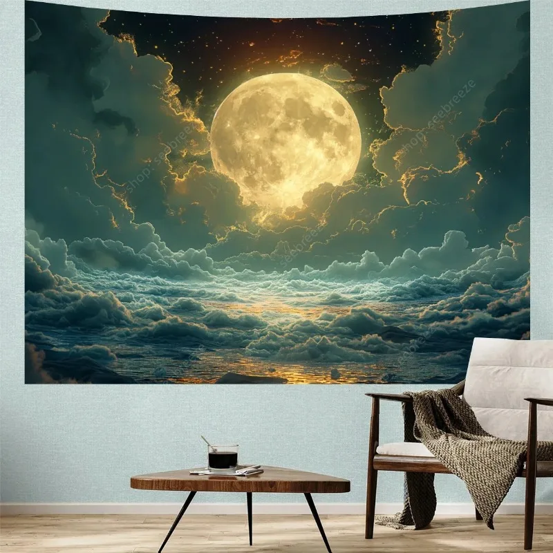 Psychedelic Moonrise Cloudview Tapestry Wall Hanging Enigmatic Night Sky Tapestry Aesthetic Boho Home Wall Decor Curtain blanket