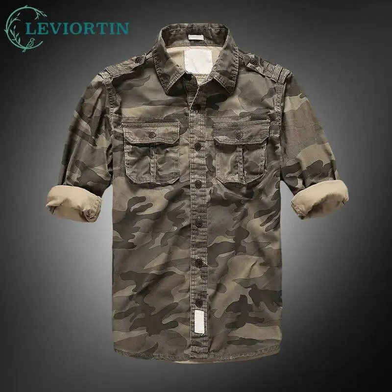 

Men's Camouflage Cargo Shirt Jacket Autumn High Quality Wash Cotton Chest Pockets Safari Style Military Outwear Work Coats Male