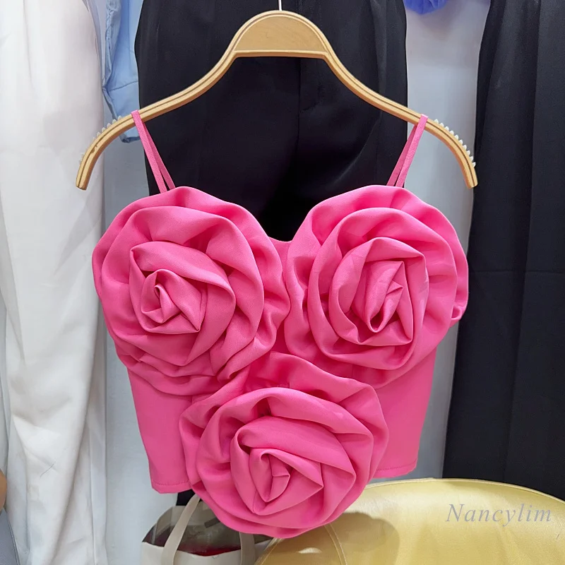 

Three-Dimensional Rose Flower Satin Camisole Women's Sexy Cropped Temperament Top Summer Holiday Seaside Top 2024