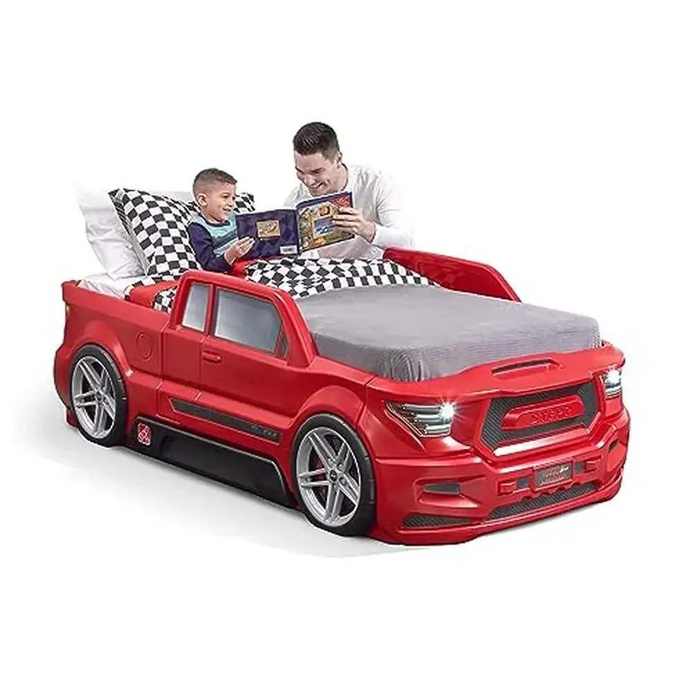 

Turbocharged Twin Size Truck Car Bed Boys and Girls Realistic Detail with Working Headlights Built-In Storage Drawer Race Car