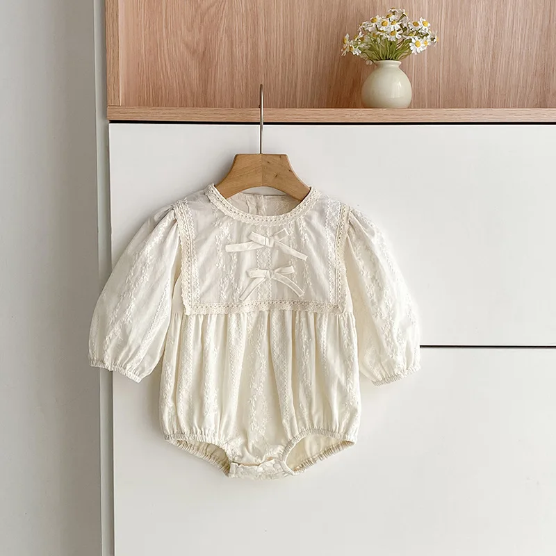 Spring Girls Long Sleeve Sweet Sisters Beige Embroidery Dresses Autumn Infant Rompers Kids Baby Girls Princess Clothes Rompers
