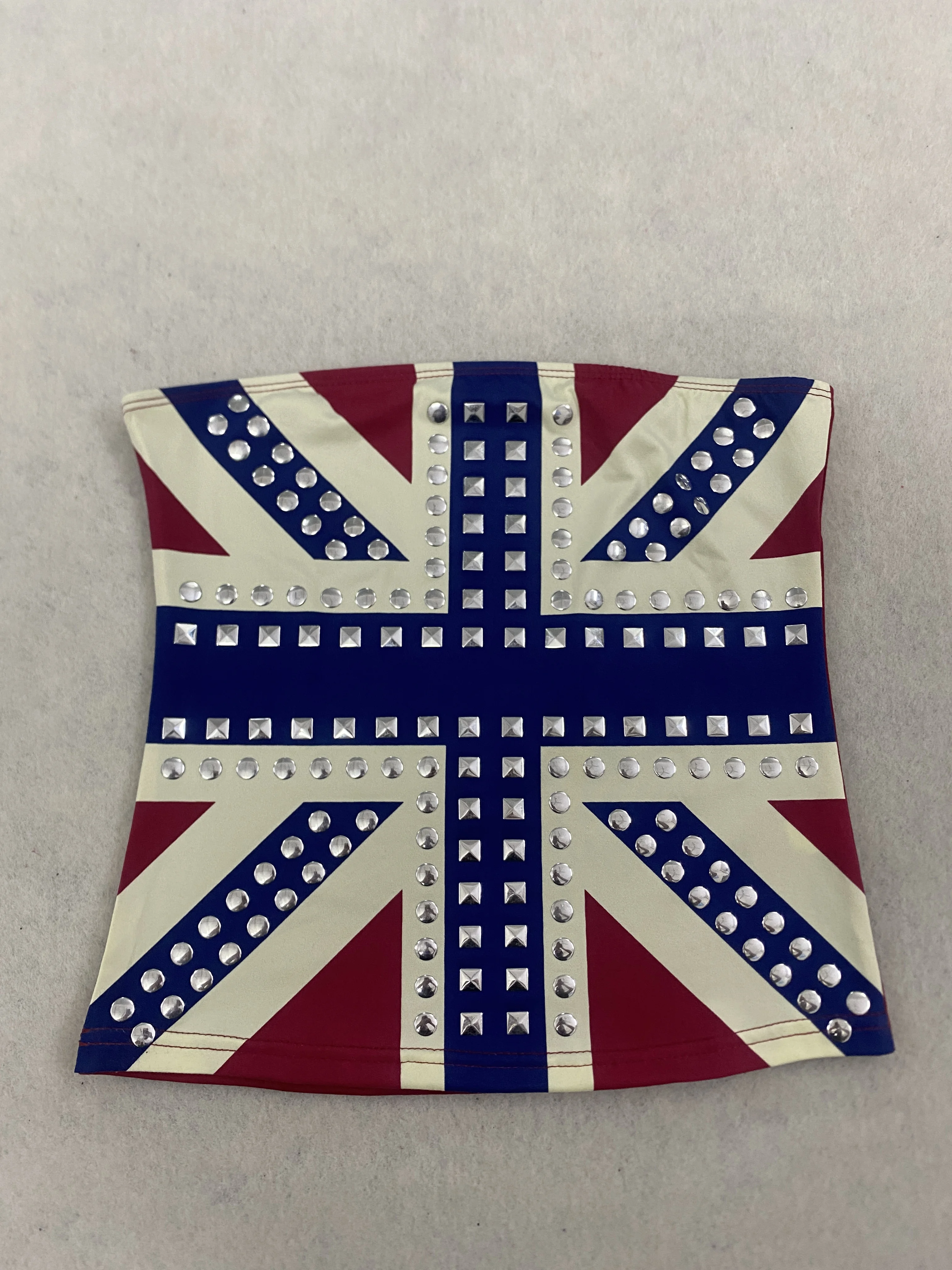 Union Jack Print Studded Tube Top British Flag Rhinestone Strapless Slim Cropped Bustier