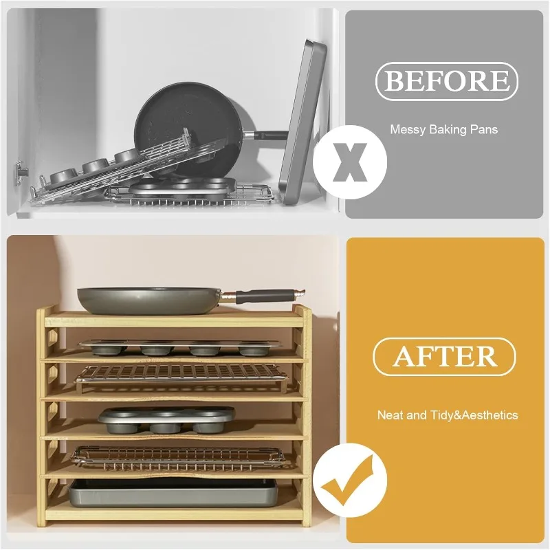 فواصل صينية الخزانات الخشبية المكونة من 6 طبقات، منظم مقسم الصينية العمودية للمطبخ، مقالي التخزين، صواني الخبز، الأغطية، لوح التقطيع