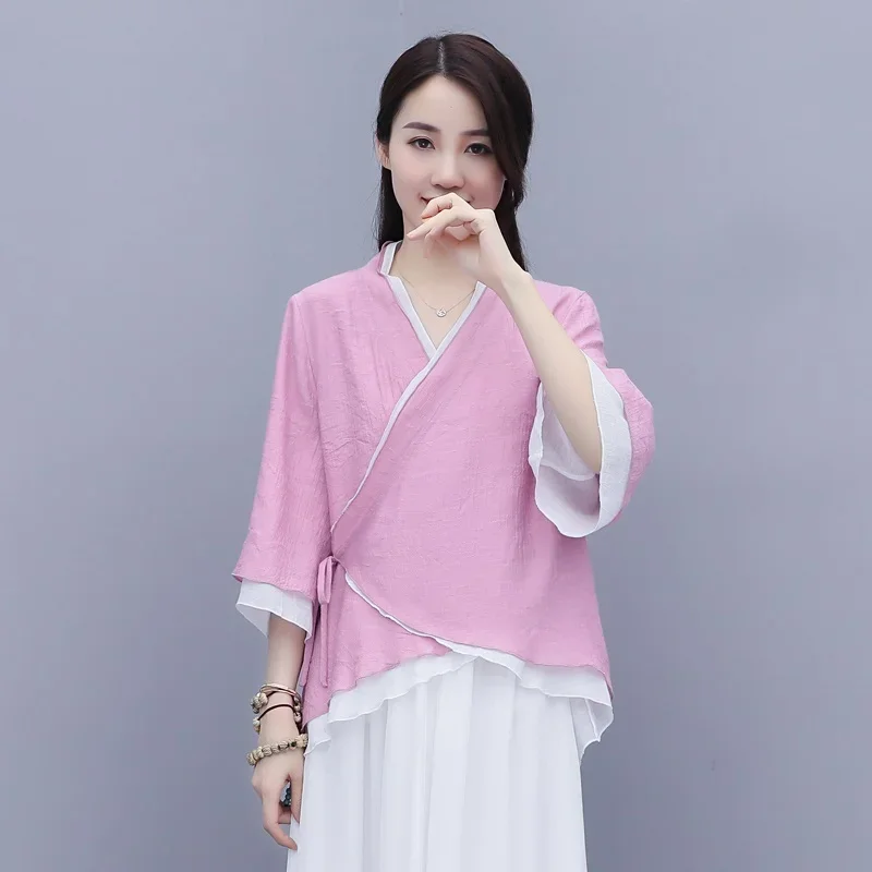 Vêtements chinois traditionnels pour femmes, style chinois, haut Hanfu à demi-manches, chemisier décontracté, Cheongsam Y-Half, 2024