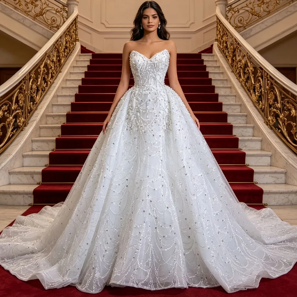 Gorgeous Mermaid Sweetheart Sleeveless Lace Up Back Detachable Train Bridal Dress Beading Pearls Crystal Wedding Dress