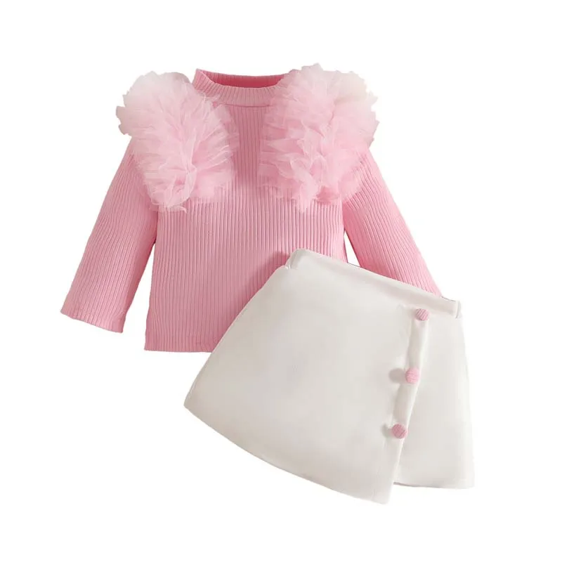 

Infant Clothing Toddler Girl Sets Autumn Mesh Long Sleeve Pit Stripe High Collar Top Button Ornamental Skirts Baby Girl Clothes