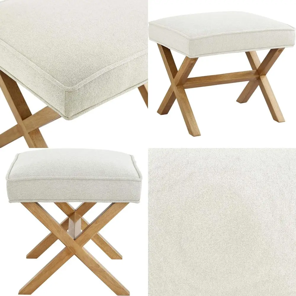 

Mid-Century Modern Linen Ottoman, Ivory White, 18 Diameter x 19.8 Wide x 18.3 High