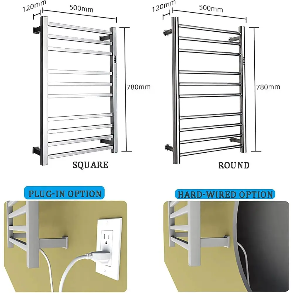 타이머가 있는 전기 타월 워머, 벽걸이형 10바 스마트 전기 타월 랙 스테인리스 스틸 가열 타월 레일 88W 저전력