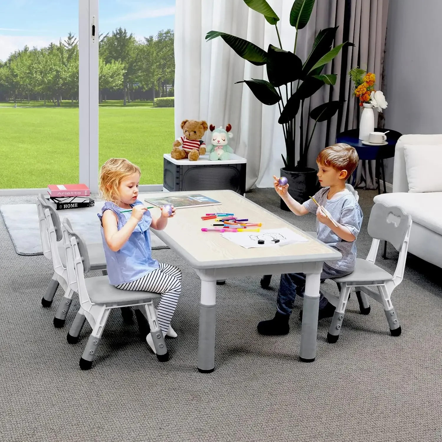 Kids Table and 4 Chair Set, Height Adjustable Toddler Table and Chair Set, Non-Slip Legs, Graffiti Desktop, Large Childre