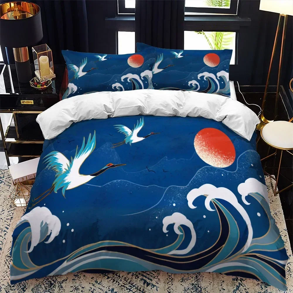 

Japanese-Style Duvet Cover Set King Queen Full Size Ukiyo-e Theme Wave Pattern Polyester Bedding Set Fuji Mountain Exotic Style