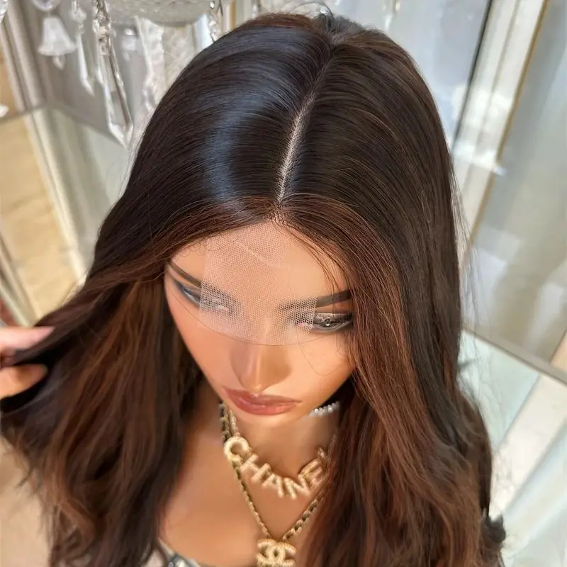 

High Quality Wig Ombre Dark Brown Highlights Synthetic Lace Front Wig 24'' Ready to Wear Preplucked Hairline Long Loose Wave Wig