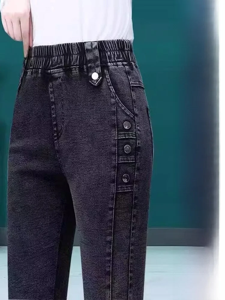

Fleece Lined Slim Fit Jeans High Waist Button Detail High Elasticity Denim Pants for Middle-Aged Mothers Winter Warm Trousers