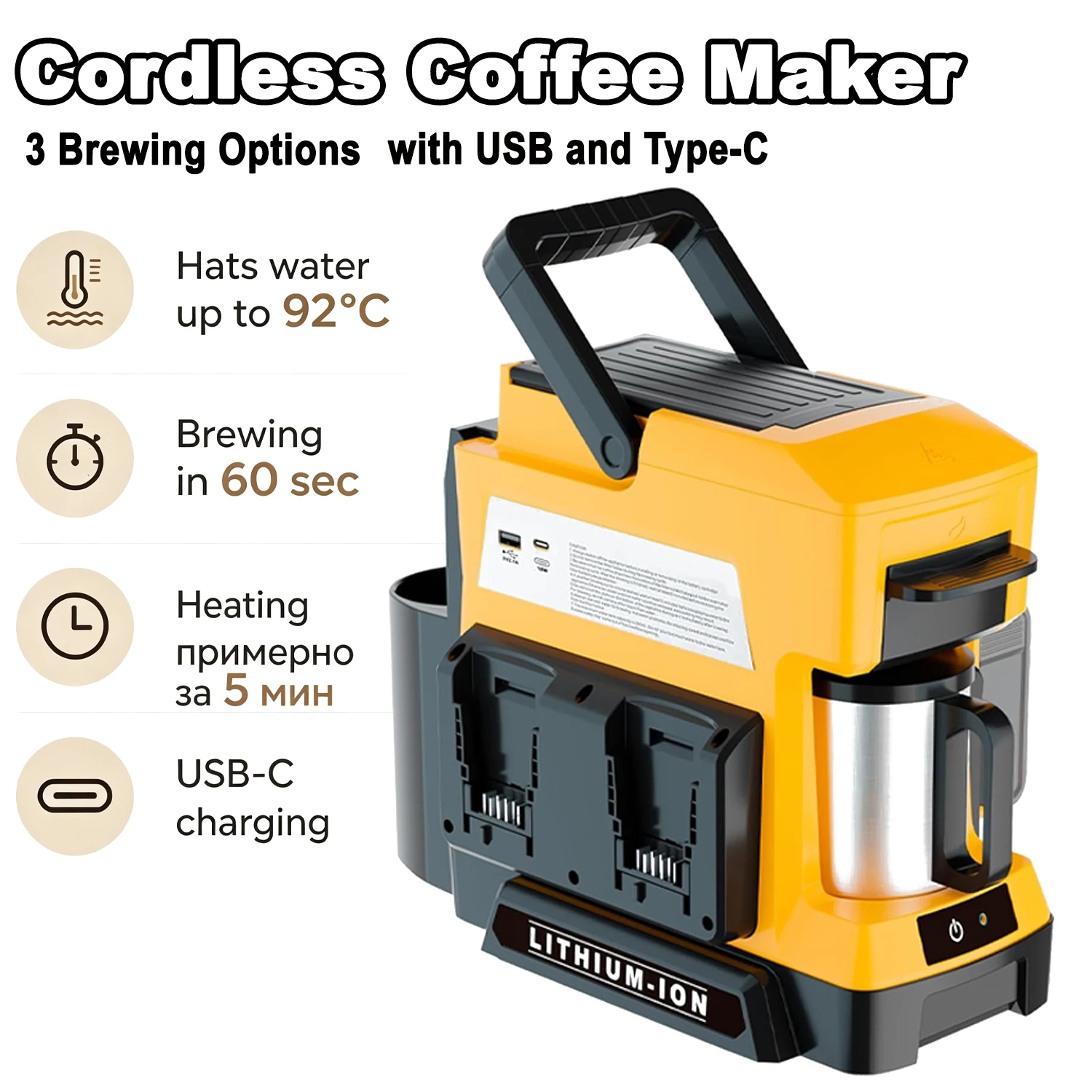 Cordless Coffee Maker for Makita/DW/Milwuakee/Bosch/Ryobi 18 V Battery, 3 Brewing Options Drip Coffee Maker with USB and Type/C