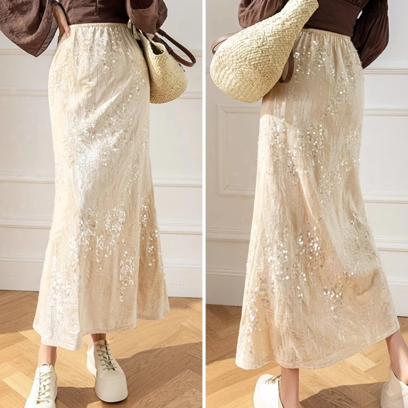 Autumn Color Sequined Long Velvet Skirt Elastic Waist Back Split Metallic Bling Bling Straight Ankle Long Skirts Pink Gray Beige