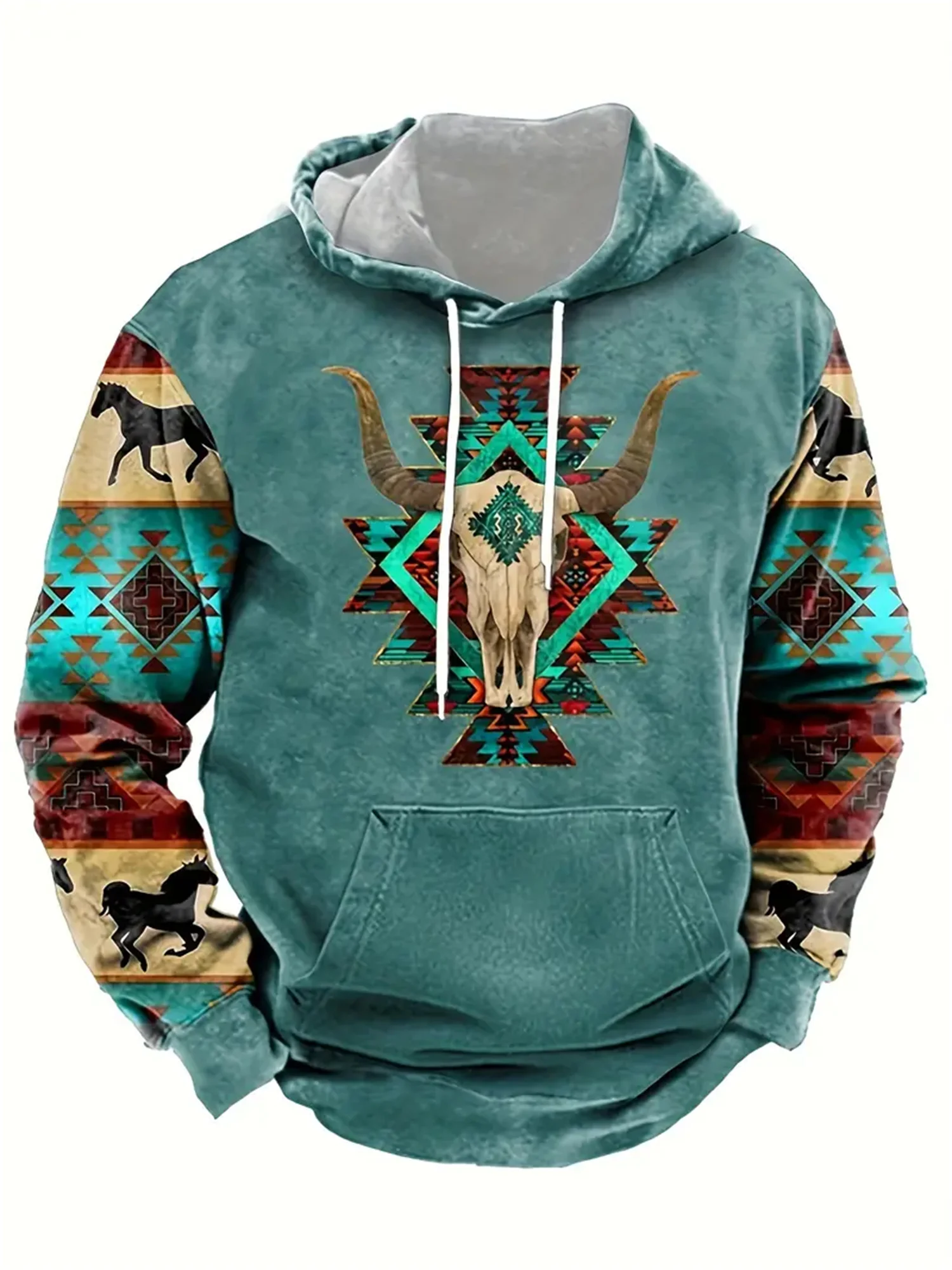 2025 new men's hoodie Green cow totem 3D printing men's retro hoodie autumn and winter leisure street retro men's hoodie