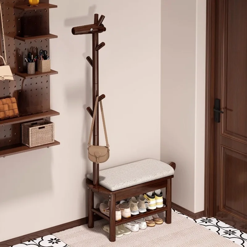 Solid Wood Footrest All in One Shoe Bench Coat Rack Shoes Storage Racks Multifunctional Creative Entrance Hallway Furniture