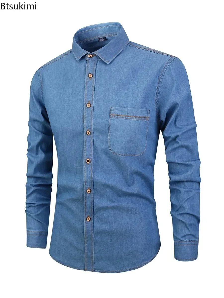 2025Men's Casual Long Sleeve Denim Shirts Formal Office Social Business Jeans Shirts Slim Cotton Jeans Shirts Male Tops Clothing