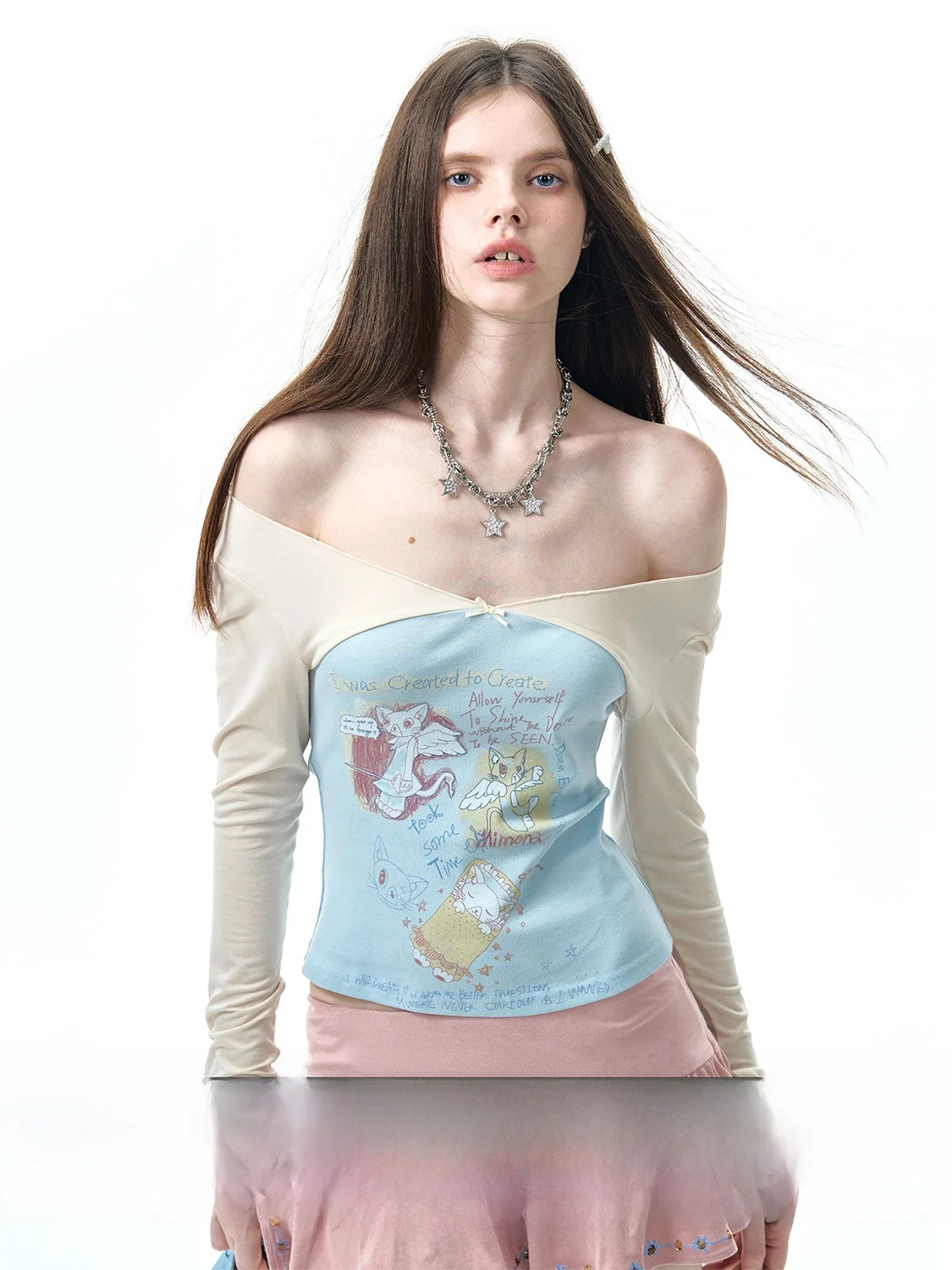 

NECY Original oulder Bared Patchwork Top with Bow Design Color Blo Sweet Cool Long Sve T irt for Women Casual Sle