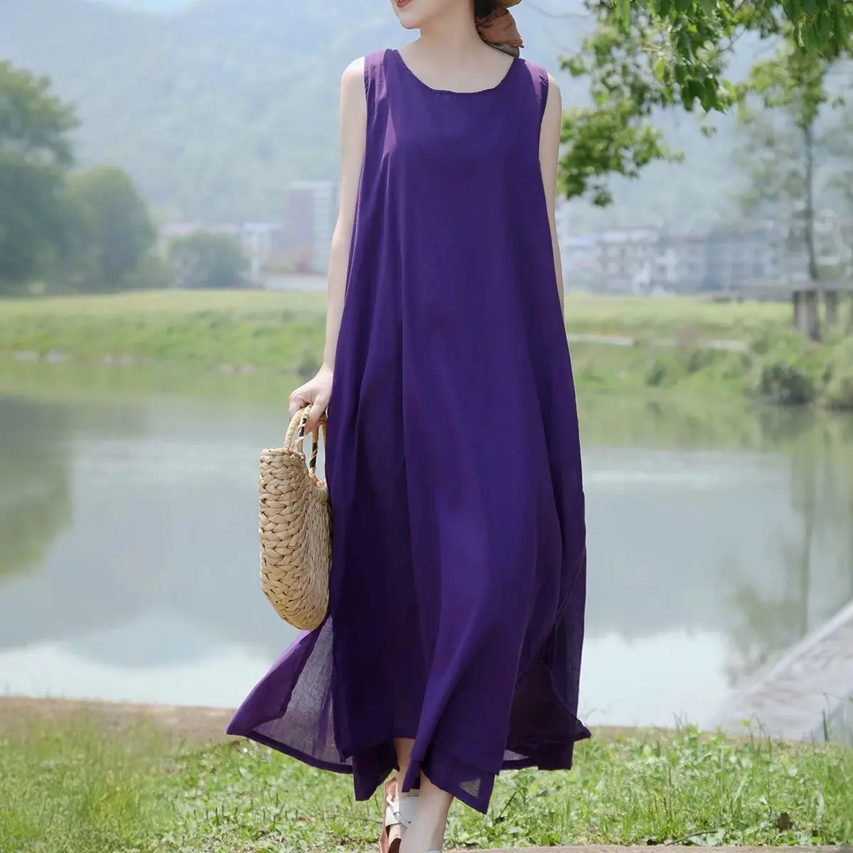 

LZJN Double-Layer Soft Cotton Summer Flowy Dress, Slimming Tank Dress, Simple Solid Color, Elegant Beach Dress
