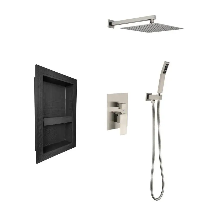 

Rain Shower System with Rain Shower Head, Handheld Shower Head, Water Control Valve, Shower Bracket, Hose, and Niche - Complete