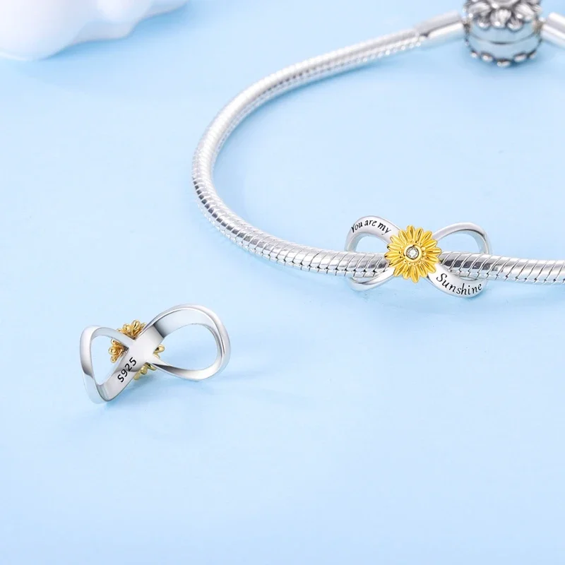 سحر الفضة الإسترليني لصنع المجوهرات ، الريش الكلاسيكي ، حبة عباد الشمس الذهبية ، اللانهاية الأبدية ، يناسب السوار الأصلي