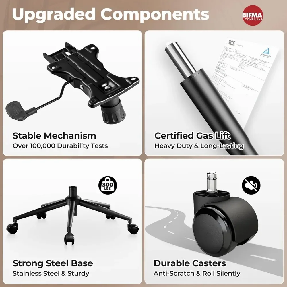 Ergonomic Home Office Chair, Mid-Century Modern Leather Chair with Lumbar Support, High Back Swivel Rolling Executive Chair