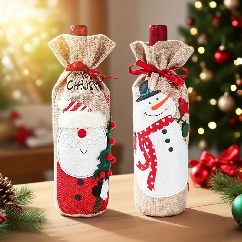 1/2pcs Elegant Christmas Wine Bottle Bags with Snowman & Santa Claus Design  Durable Reusable Wine Bottle Covers for Xmas