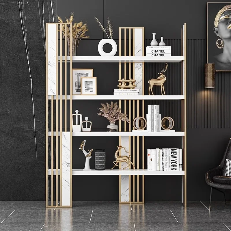 Light luxury office stainless steel bookshelf shelf study wall display cabinet living room floor ornament rack customization