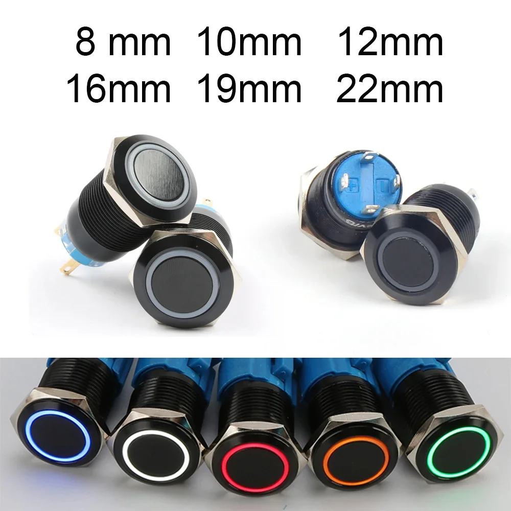 Elektryczny wodoodporny zasilacz 12v Led Light chwilowy czarny przełącznik wciskany 8/10/12/16/19/22 mm przełączniki ciśnieniowe 220v aluminium