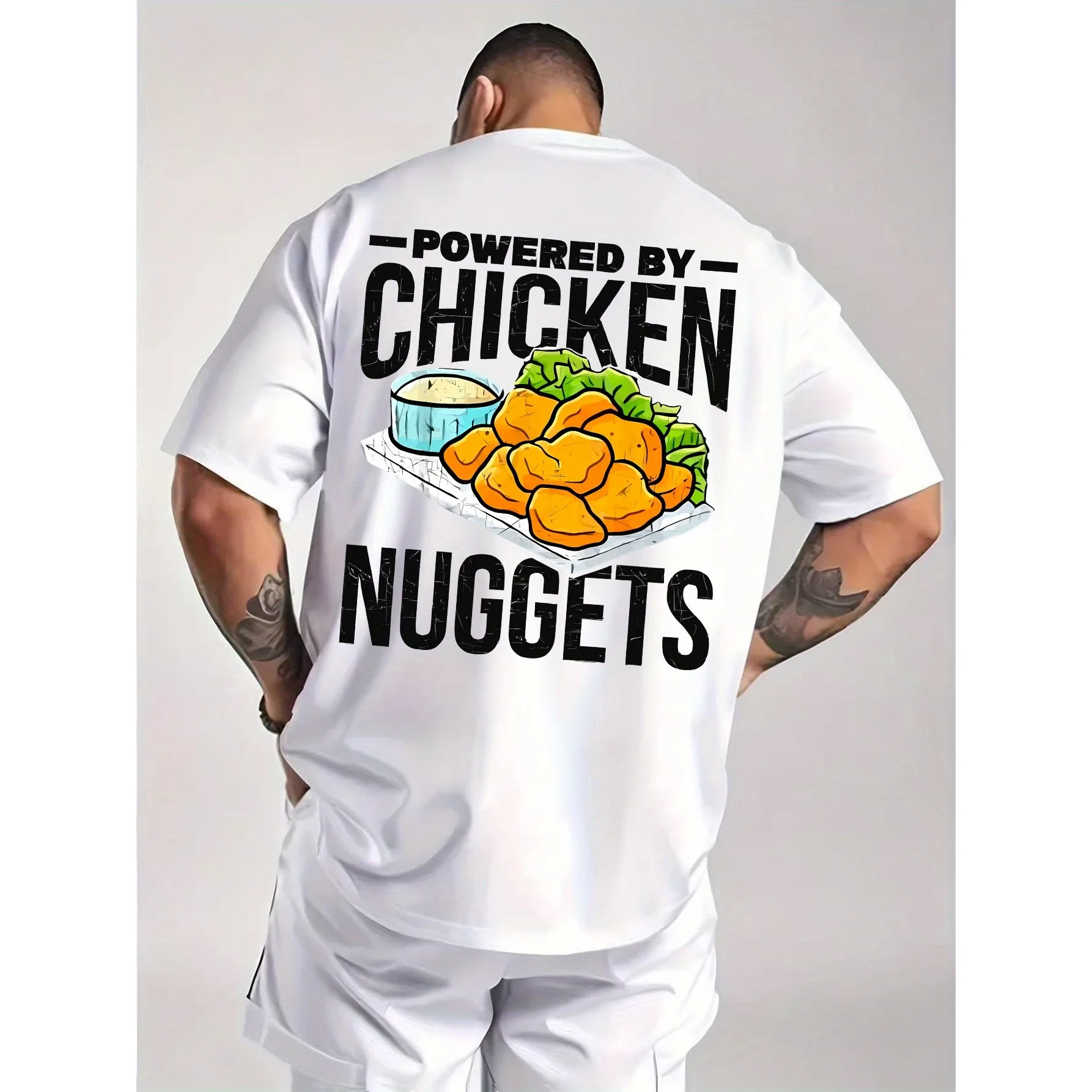 Powered By Chicken Nuggets Graphic Back Print Men's Cotton T-Shirt Casual Round Neck Short Sleeve Tee