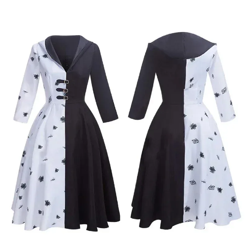 Cosjie Cruella De Vil Cosplay Costume Women Gown Black White Maid Dress With Gloves Hoodie Skirt Wigs Outfits Halloween Party Co