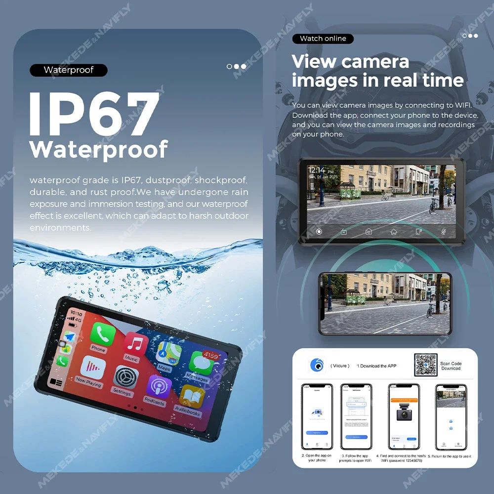 무선 카플레이 안드로이드 자동 휴대용 오토바이 모니터, IPX7 방수, 5.5 인치 LCD 디스플레이, 내비게이션 대시 캠, GPS