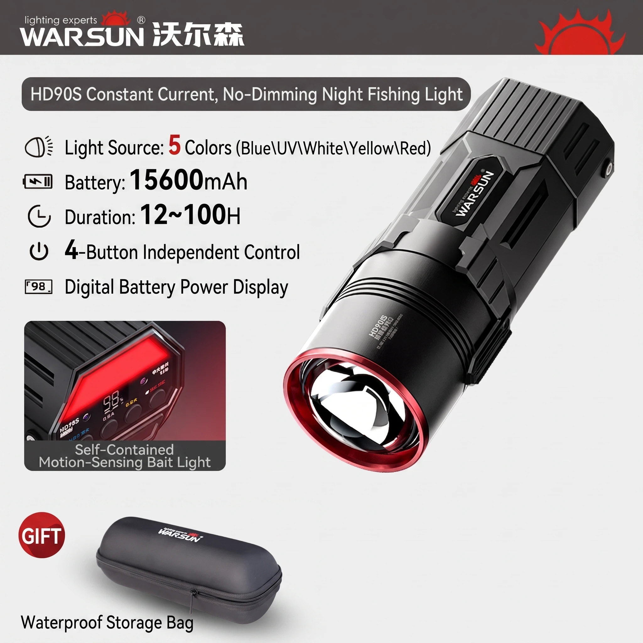 WARSUN HD90S High-Power Night Fishing Light, Ultra-Bright Laser Fishing Lamp with UV Purple Light for Outdoor Fishing