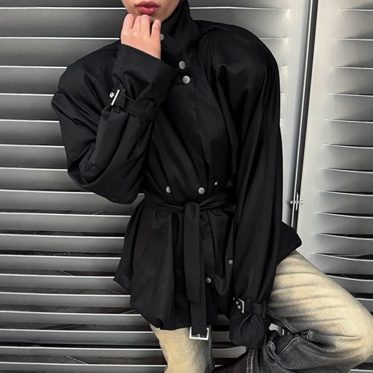 

2026 new design sense long-sleeved stand-up collar double-breasted waist lace-up trench coat women's high-end sense