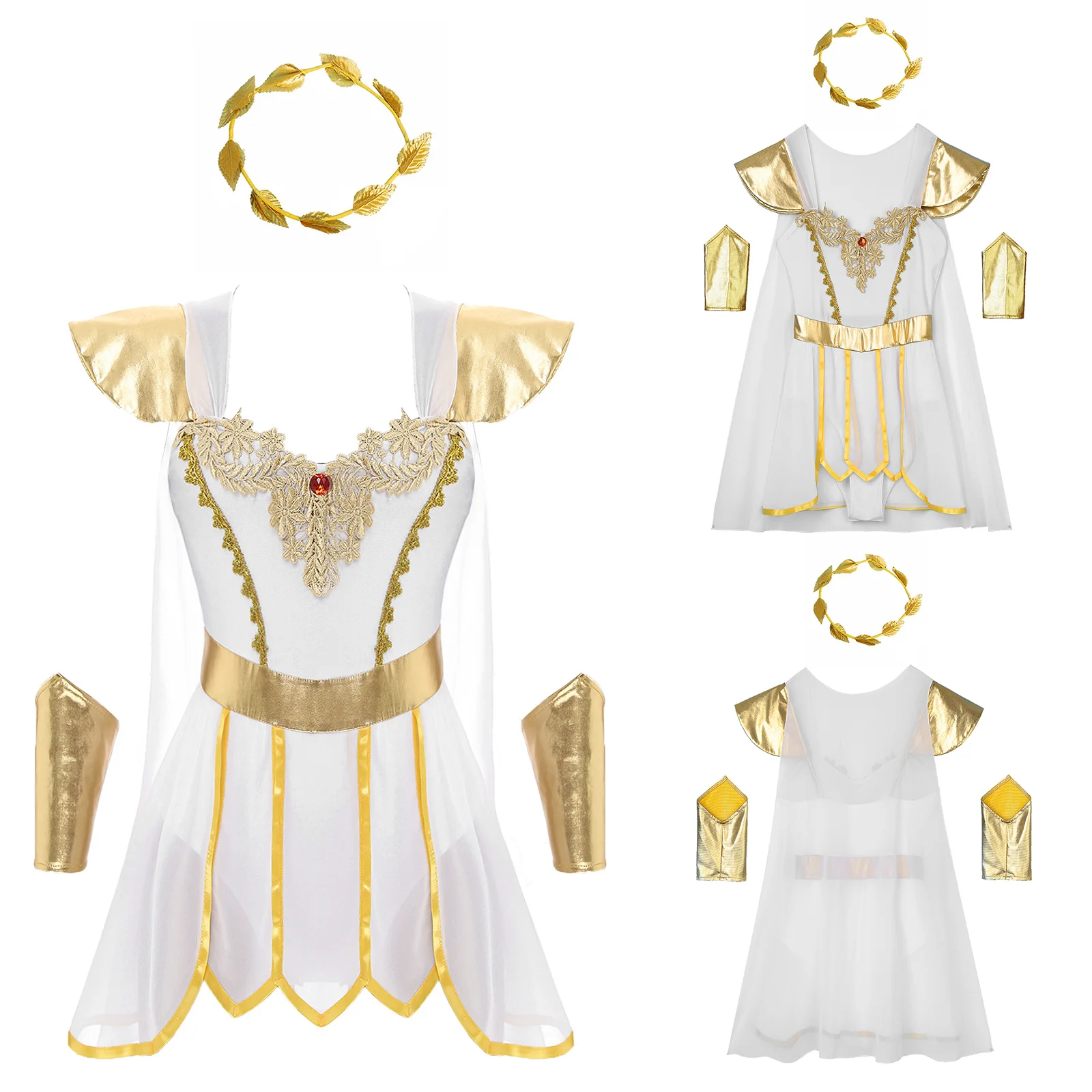 

Women Ancient Roman Toga Costume Queen Princess Dresses Gold Leaves Wreath Headwear Petal Skirt And Wristbands Set for Halloween