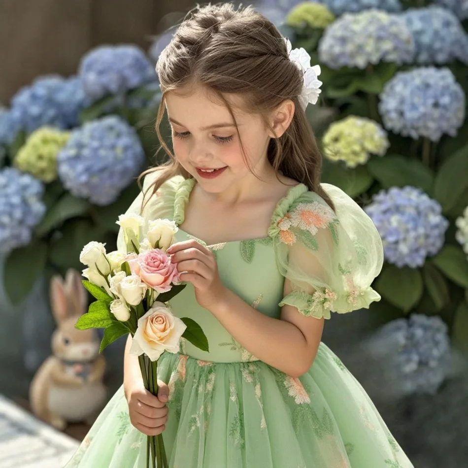 Girls Sage Green Floral Embroidery Princess Dress Puff Short Sleeve Square Neck Tulle Tutu Gown Kids Summer Party Dress ZD36