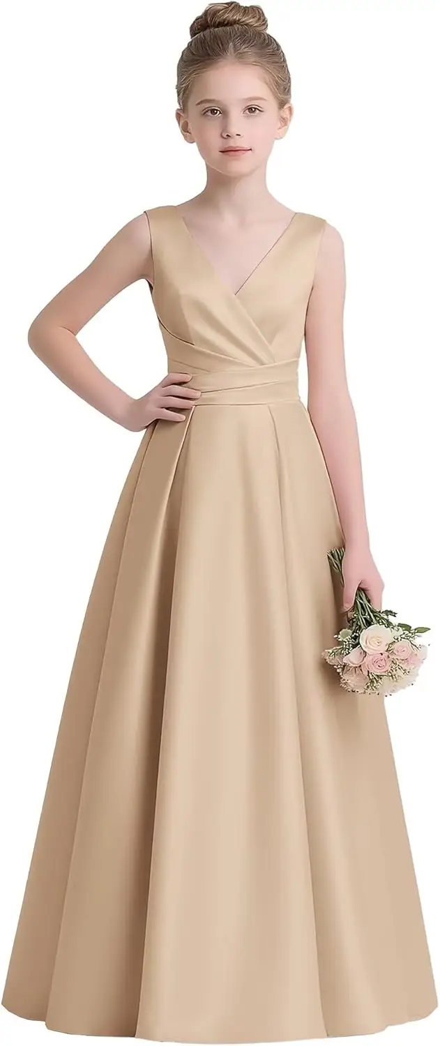 Een lijn satijnen bloemenmeisjesjurken met strik rugloze junior bruidsmeisje prinses baljurk eerste communiejurk