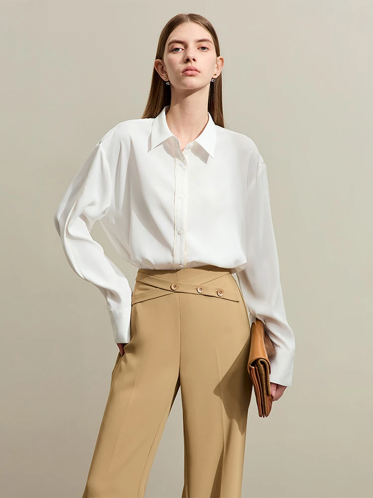 AMII Minimalism Women Shirt 2024 Spring New Commuter Lapel Straight Chiffon Long-sleeved Solid Shirts & Blouses Female 12421007