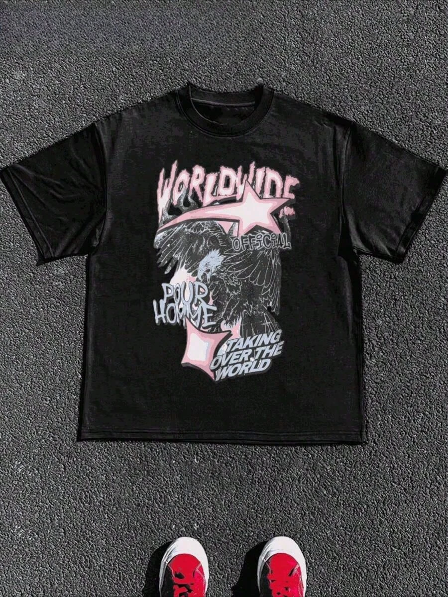 رجل الملابس زائد المتضخم في جميع أنحاء العالم النسر الجرافيك تي شيرت الجرافيك طباعة تي شيرت بلايز للجنسين تنفس harajuku القطن خمر