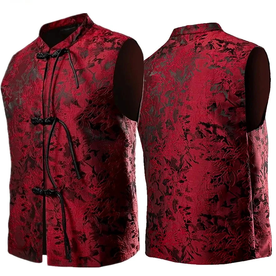 Chinese Style Burgundy Men's Sleeveless Vests, Black Single-breasted Stand-up Collar Vest, Beige Waistcoat.