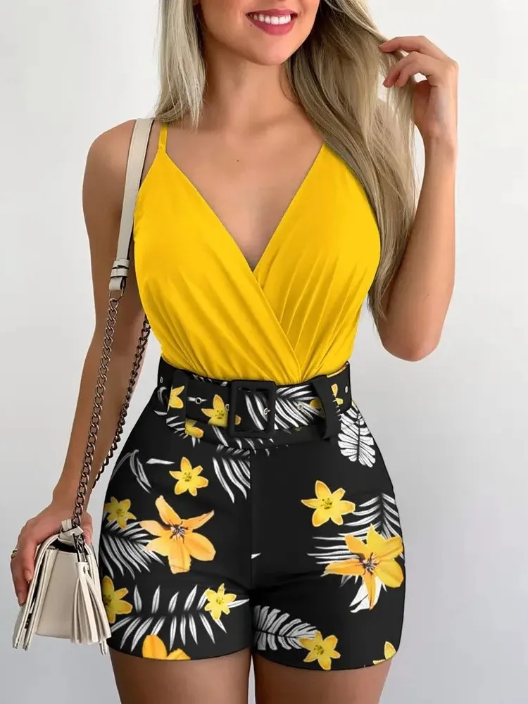 Summer Women\'s Print Two-piece 2023 Fashion Deep V-neck Belt Beach Style Holiday Style Casual Sexy Two-piece Set