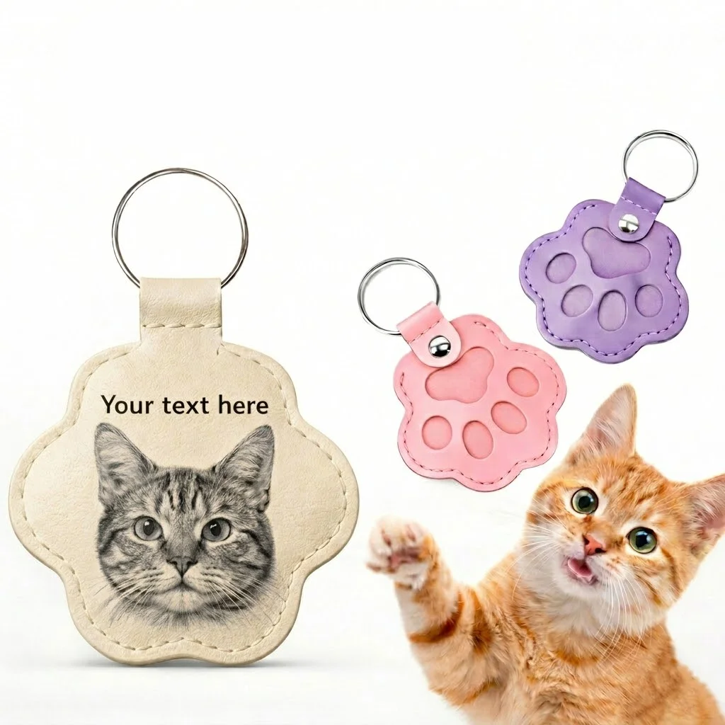 Personalized Pet Photo Leather Keychain Engraved Portrait Dog Cat Paw Fur Memorial Keepsake Loss Gift Pet Lover Keyring Jewelry