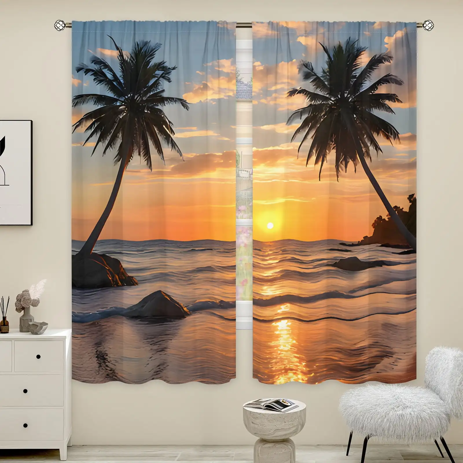 2pcs Curtains Peach Skin Polyester Tropical Beach Sunset Privacy Light Filtering Window Bedroom Living Room Home Decor Drapes