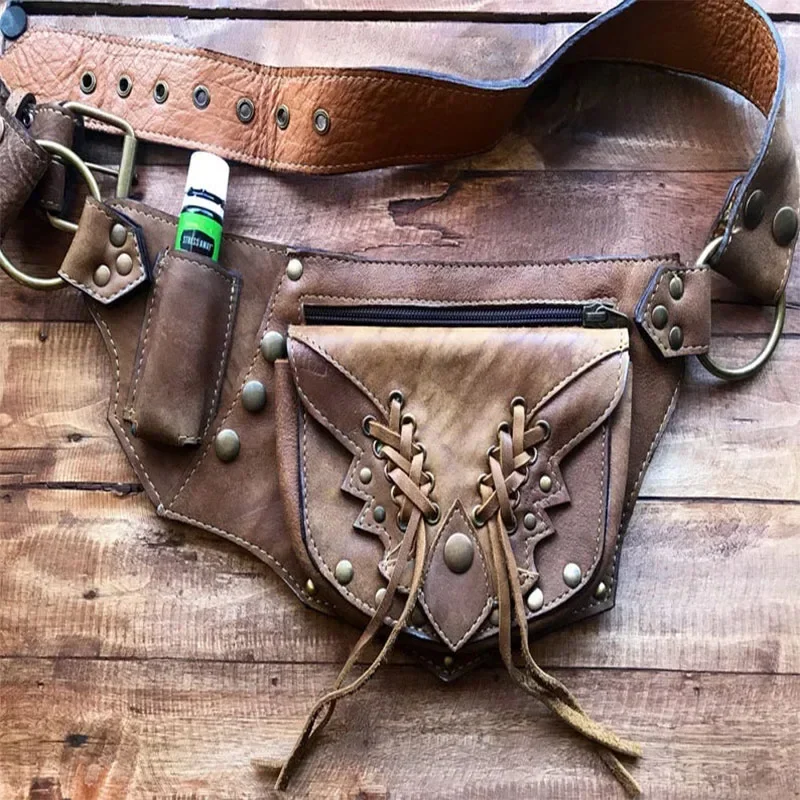 Medieval steampunk leather utility hip belt boho purse wallet pocket men women Viking pirate cosplay costume accessory waist MN8