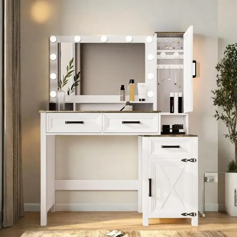 43 Modern Makeup Desk with Square Mirror, Tricolor Lighting, Storage & Charging Station, White