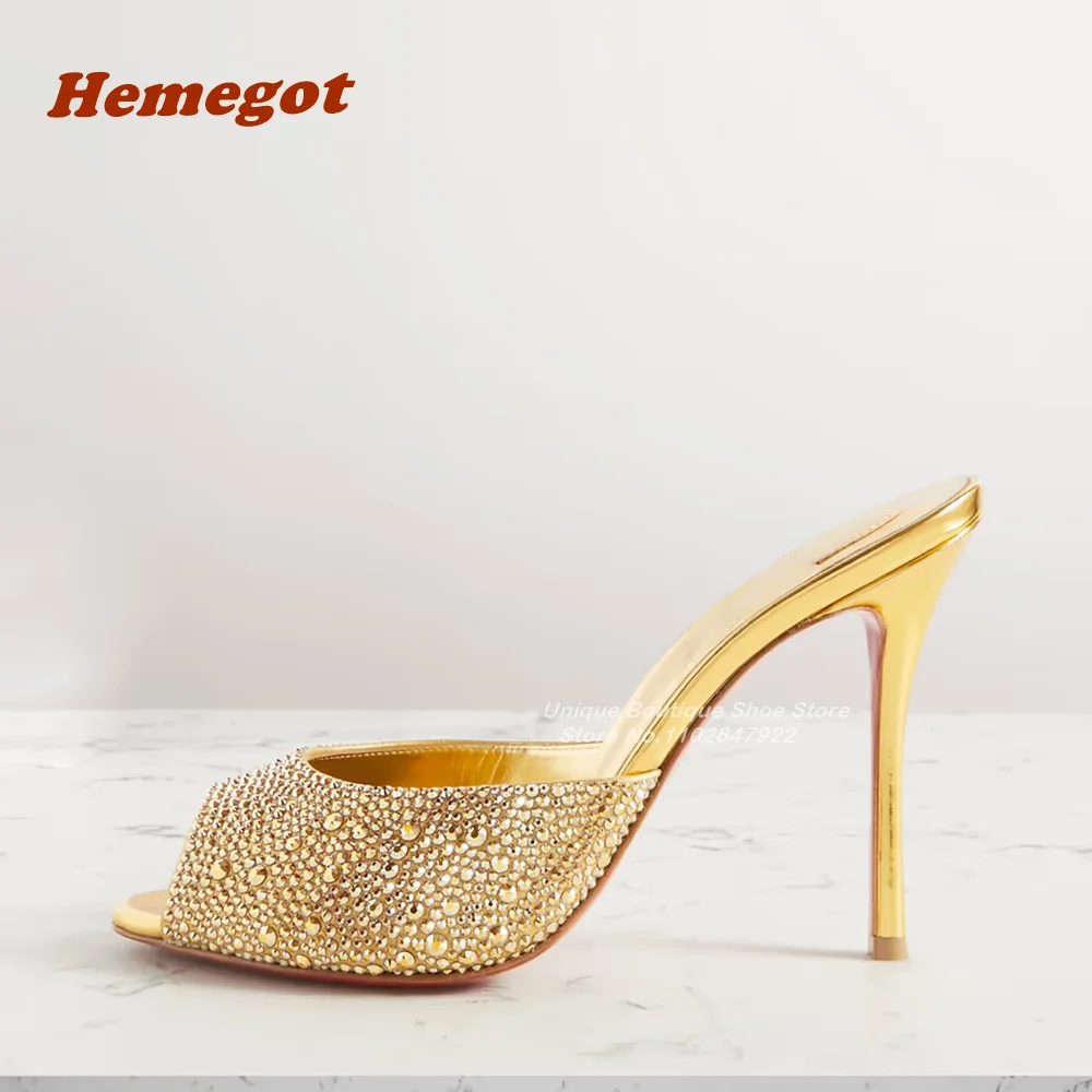 Gold Rhinestones Metallic Mules Peep Toe Thin High Heels Slip On Summer Slippers for Women Solid Women's Shoes Party Luxury Sexy