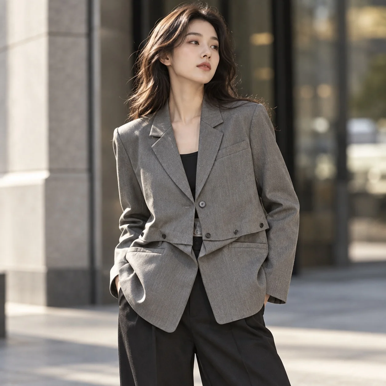 No Hood Patchwork Suit Mid Length Casual with Elegant Commuter Regular Sleeve Asymmetrical Long Sleeve Autumn Women Jacket