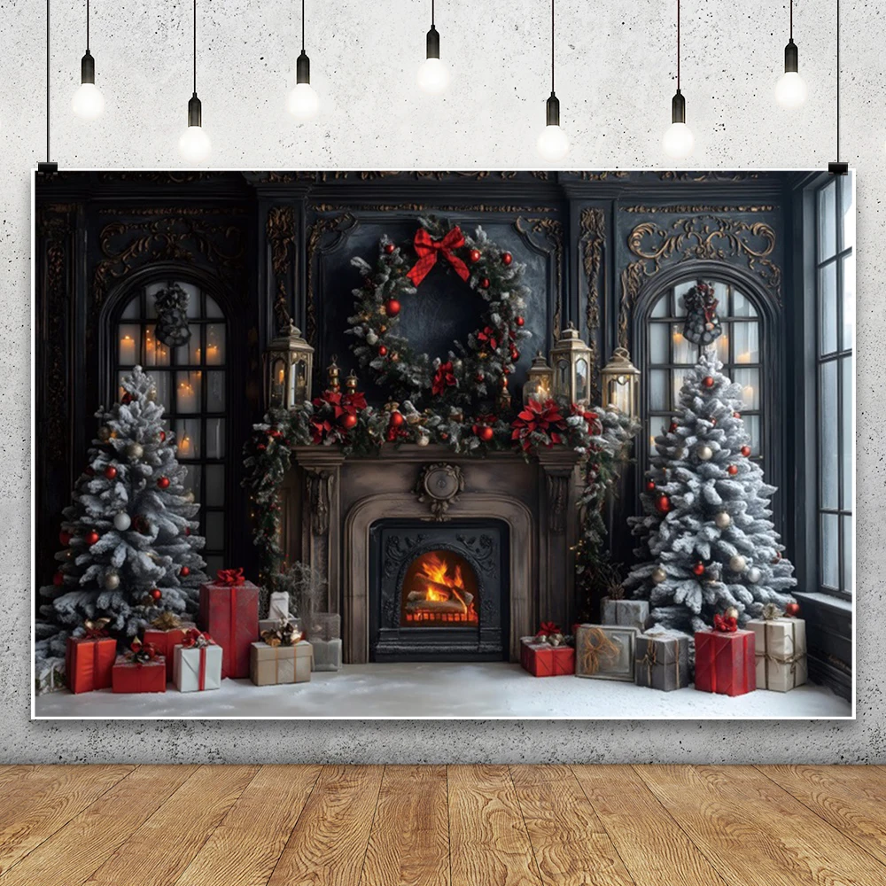 Black Wall Fireplace Christmas Backdrop Photography Tree Gift Family Party Decor Baby Photo Photographic Background Photo Studio
