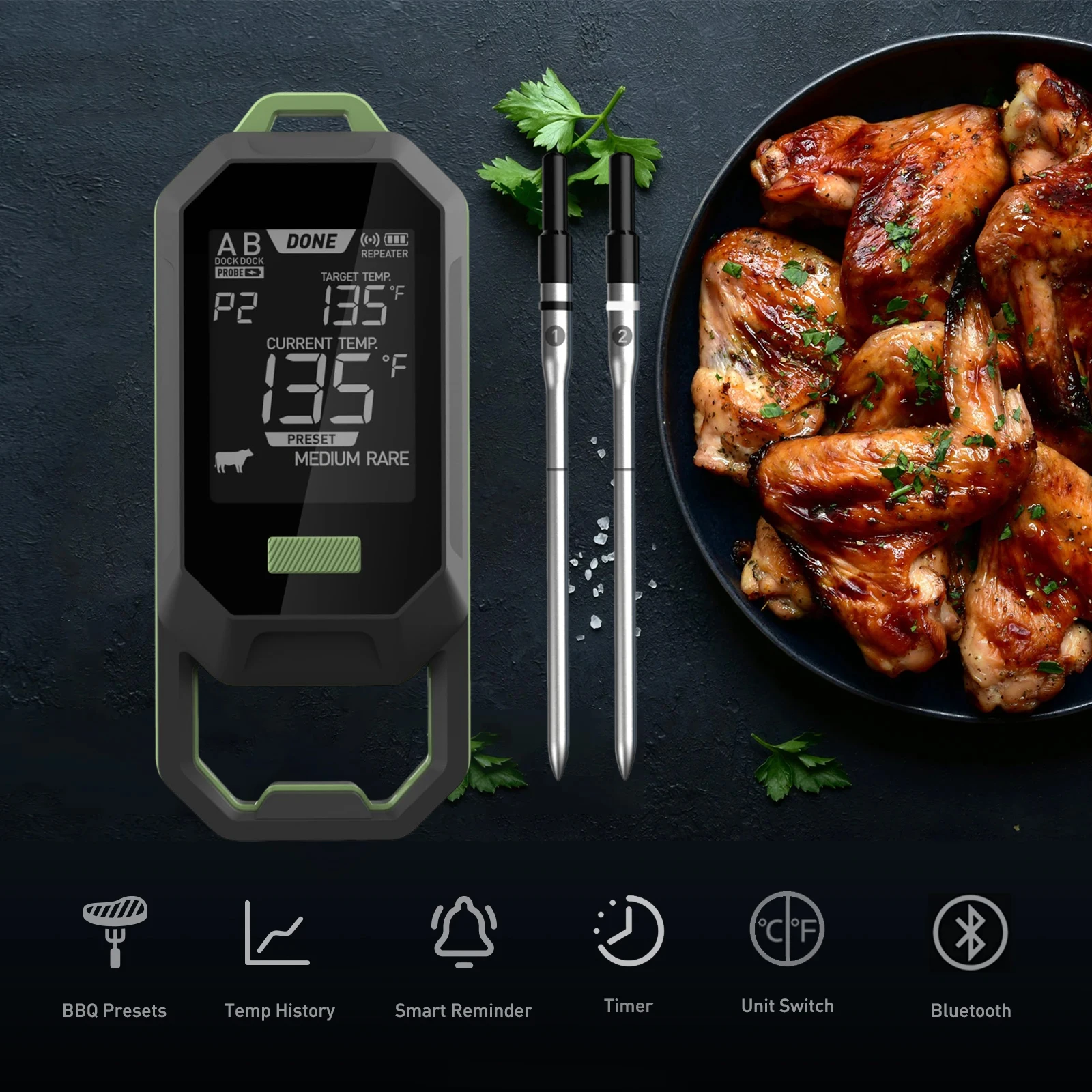 

Беспроводной термометр для мяса, Bluetooth-зонд, отслеживание температуры окружающей среды и еды в режиме реального времени для приготовления пищи, барбекю, гриля, курильщика